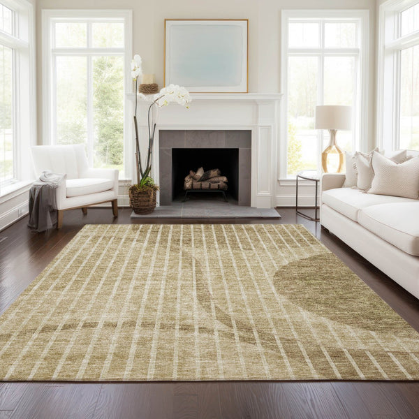 Homeroots 3' Stylish Brown Taupe And Ivory Striped Washable Area Rug For Indoor And Outdoor Spaces 3' X 5' Polyester 583058