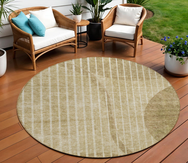Homeroots 3' Stylish Brown Taupe And Ivory Striped Washable Area Rug For Indoor And Outdoor Spaces 8' Round Polyester 583060