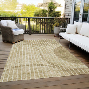 Homeroots 3' Stylish Brown Taupe And Ivory Striped Washable Area Rug For Indoor And Outdoor Spaces 10' X 14' Polyester 583063
