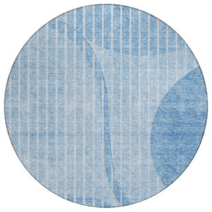 HomeRoots 5' Durable Denim Blue and Sky Blue Striped Washable Area Rug for Indoor and Outdoor Spaces 8' Round 583066