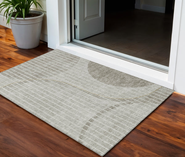 Homeroots 3' Stylish Brown Taupe And Ivory Striped Washable Area Rug For Indoor And Outdoor Spaces 3' X 5' Polyester 583082