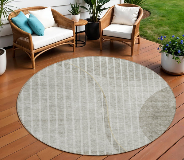 Homeroots 3' Stylish Brown Taupe And Ivory Striped Washable Area Rug For Indoor And Outdoor Spaces 8' Round Polyester 583084