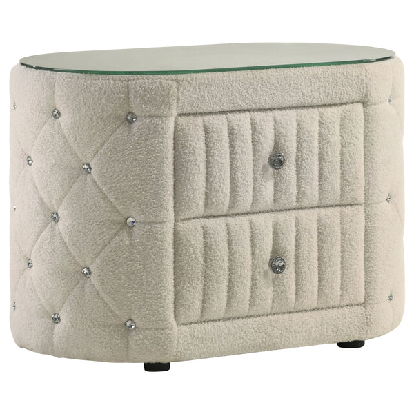 English Elm Santiago Ivory boucle oval nightstand with acrylic tufting, tempered glass top, 2-drawer compact storage B062P375537