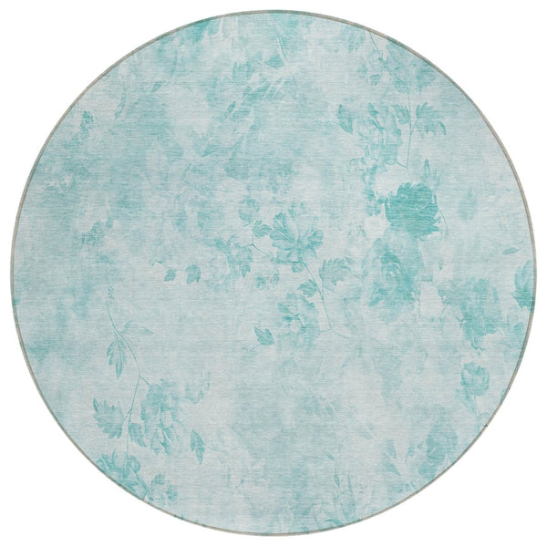 HomeRoots 5' Aqua Teal Blue & Ivory Floral Washable Area Rug – Perfect for Indoor & Outdoor Spaces! 8' Round 583096