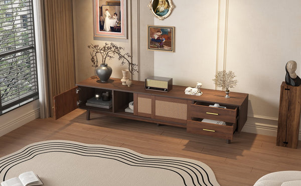 English Elm Mid Century Modern TV Stand with Rattan Sliding Doors, Solid Wood Legs, Drawers & Waterproof Top N710P257617P