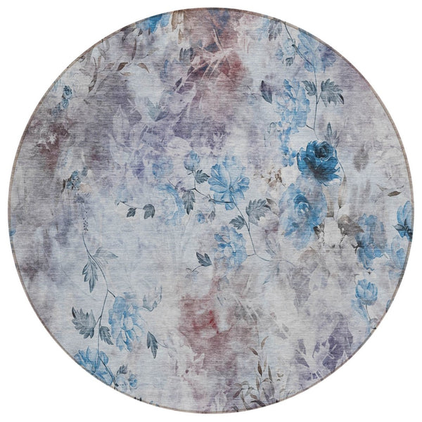 HomeRoots 5' Timeless Floral Navy & Sky Blue Washable Area Rug for Indoor & Outdoor Spaces – Durable & Stylish 8' Round 583102
