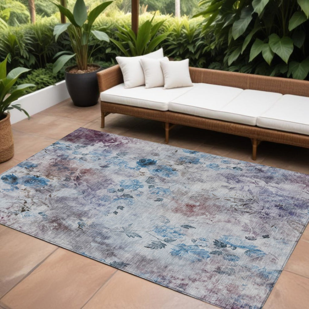 HomeRoots 9' Navy Blue and Sky Blue Floral Area Rug - Durable, Washable Design for Indoor and Outdoor Spaces 9' X 12' 583104