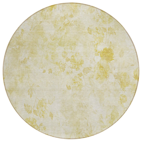 HomeRoots 5' Gold Wheat and Ivory Floral Area Rug - Machine Washable, Indoor/Outdoor Durability & Charm 8' Round 583108