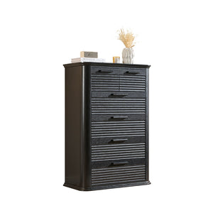 English Elm 6 Drawer Tall Fluted Chest with Waveform Fronts Slim Wooden Storage for Modern Bedroom Black Woodgrain T5326P425102