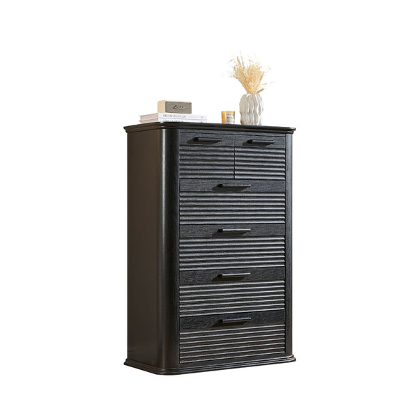 English Elm 6 Drawer Tall Fluted Chest with Waveform Fronts Slim Wooden Storage for Modern Bedroom Black Woodgrain T5326P425102