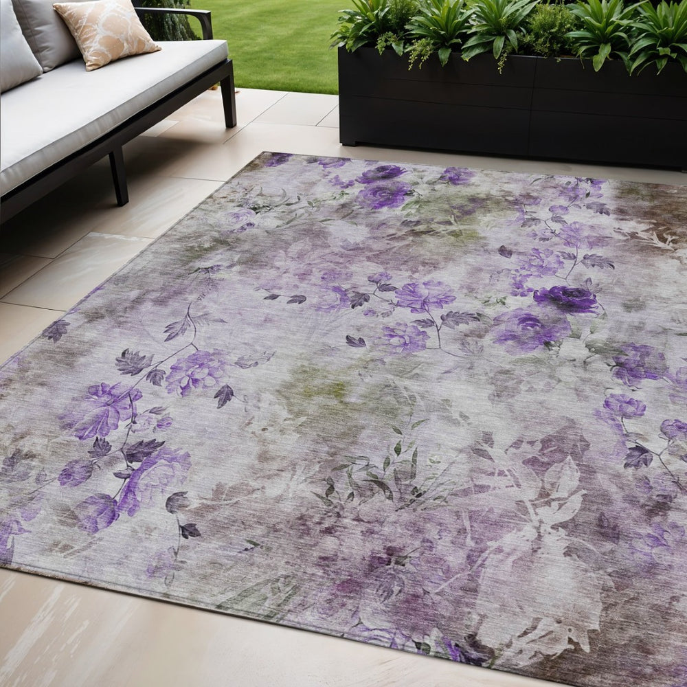 HomeRoots 5' Floral Washable Area Rug in Purple Lavender & Artichoke Green for Indoor & Outdoor Spaces 5' X 8' 583125