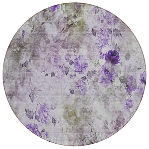 HomeRoots 5' Floral Washable Area Rug in Purple Lavender & Artichoke Green for Indoor & Outdoor Spaces 8' Round 583126