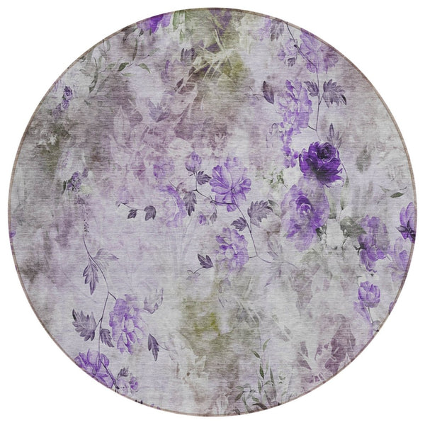 HomeRoots 5' Floral Washable Area Rug in Purple Lavender & Artichoke Green for Indoor & Outdoor Spaces 8' Round 583126