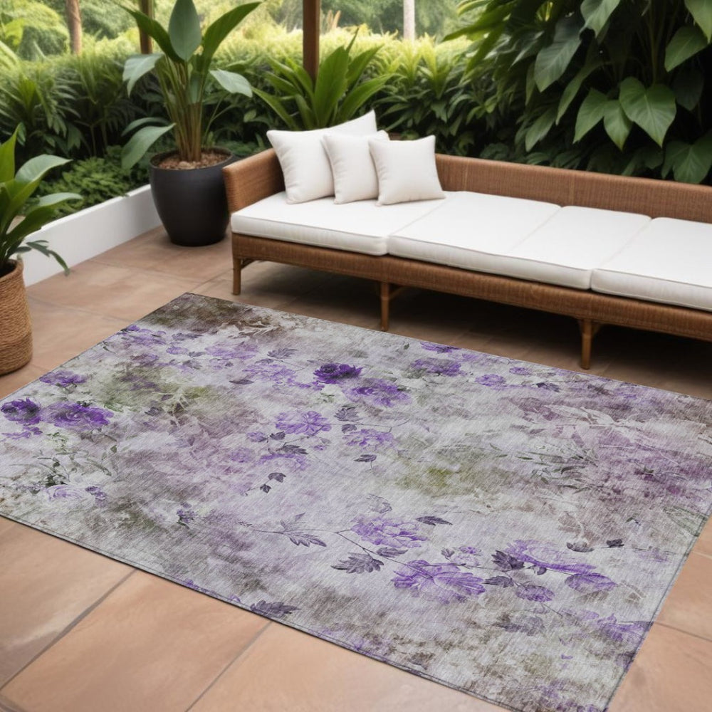 HomeRoots 9' Floral Washable Area Rug - Elegant Purple Lavender & Artichoke Green for Indoor & Outdoor Spaces 9' X 12' 583128