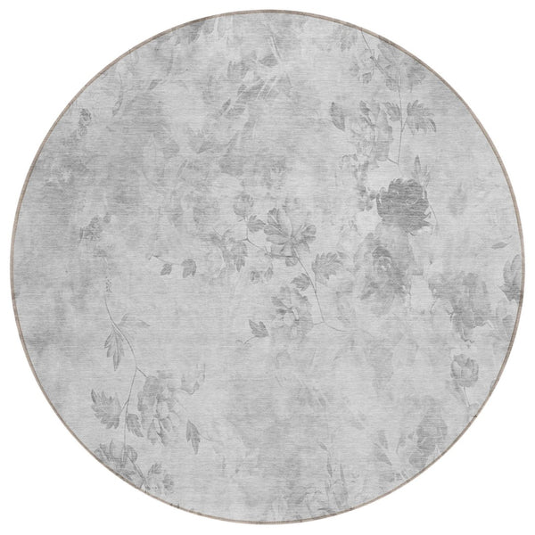HomeRoots 5' Gray Charcoal and Silver Floral Area Rug - Stylish, Washable, Durable for Indoor and Outdoor Spaces 8' Round 583138