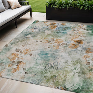 Homeroots 3' Green Floral Washable Area Rug For Indoor And Outdoor Spaces – Durable, Stylish, And Easy Care 5' X 8' Polyester 583143