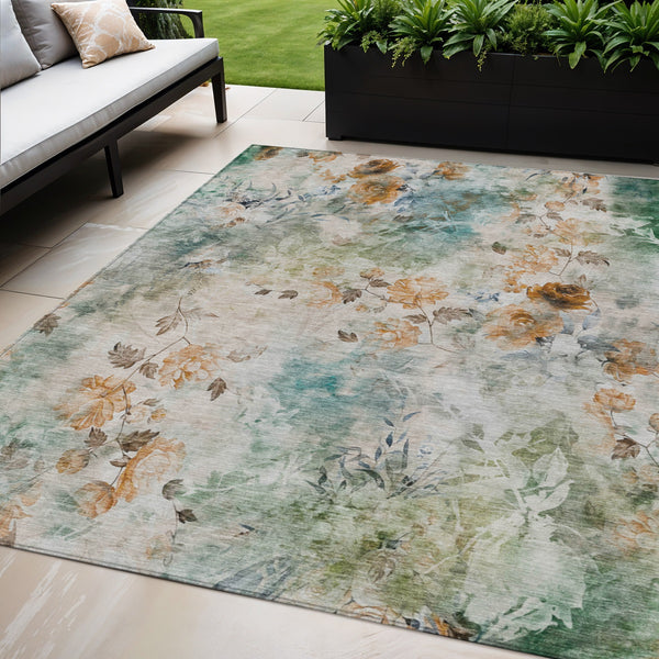 Homeroots 3' Green Floral Washable Area Rug For Indoor And Outdoor Spaces – Durable, Stylish, And Easy Care 5' X 8' Polyester 583143