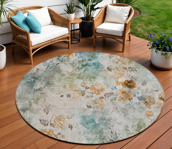 Homeroots 3' Green Floral Washable Area Rug For Indoor And Outdoor Spaces – Durable, Stylish, And Easy Care 8' Round Polyester 583144