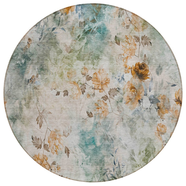 HomeRoots 5' Teal Blue and Green Floral Area Rug - Stylish Indoor/Outdoor Design, Durable and Washable Comfort 8' Round 583144