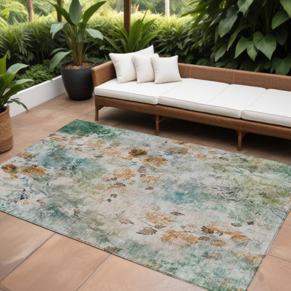 HomeRoots 5' Teal Blue and Green Floral Area Rug - Stylish Indoor/Outdoor Design, Durable and Washable Comfort 10' X 14' 583147