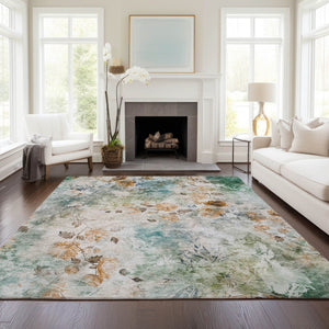HomeRoots 5' Teal Blue and Green Floral Area Rug - Stylish Indoor/Outdoor Design, Durable and Washable Comfort 10' X 14' 583147
