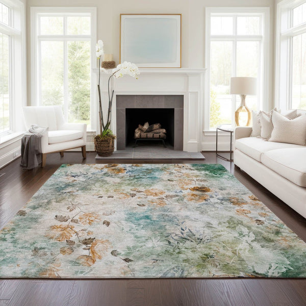 HomeRoots 5' Teal Blue and Green Floral Area Rug - Stylish Indoor/Outdoor Design, Durable and Washable Comfort 10' X 14' 583147