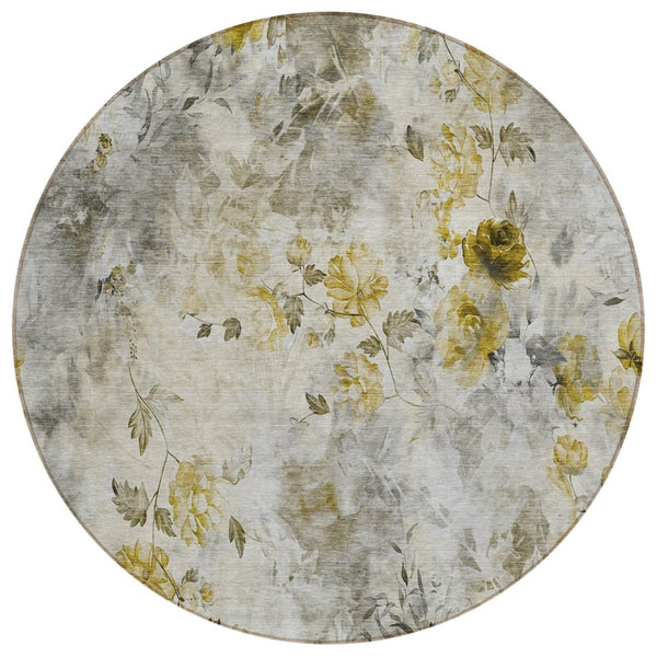 HomeRoots 5' Floral Washable Indoor Outdoor Area Rug in Taupe, Ivory, and Tan – Durable, Stylish & Versatile 8' Round 583150