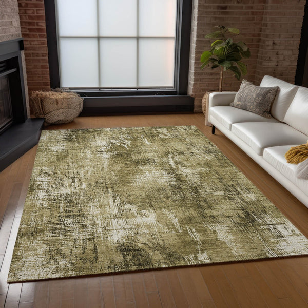 Homeroots 3' Beige Tan And Ivory Abstract Washable Indoor Outdoor Area Rug For Stylish Living Spaces 9' X 12' Polyester 583164
