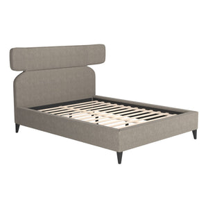 HomeRoots Brown Queen Bed Frame with Solid Wood & Upholstery, Modern Design, Geometric Headboard & Tapered Legs 583184