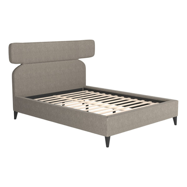 HomeRoots Brown Queen Bed Frame with Solid Wood & Upholstery, Modern Design, Geometric Headboard & Tapered Legs 583184