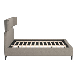 HomeRoots Brown Queen Bed Frame with Solid Wood & Upholstery, Modern Design, Geometric Headboard & Tapered Legs 583184