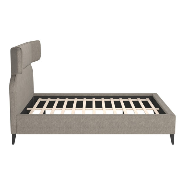 HomeRoots Brown Queen Bed Frame with Solid Wood & Upholstery, Modern Design, Geometric Headboard & Tapered Legs 583184
