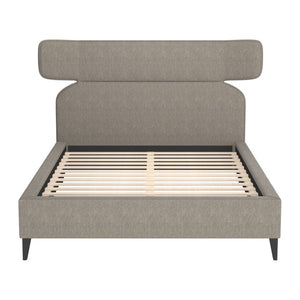 HomeRoots Brown Queen Bed Frame with Solid Wood & Upholstery, Modern Design, Geometric Headboard & Tapered Legs 583184