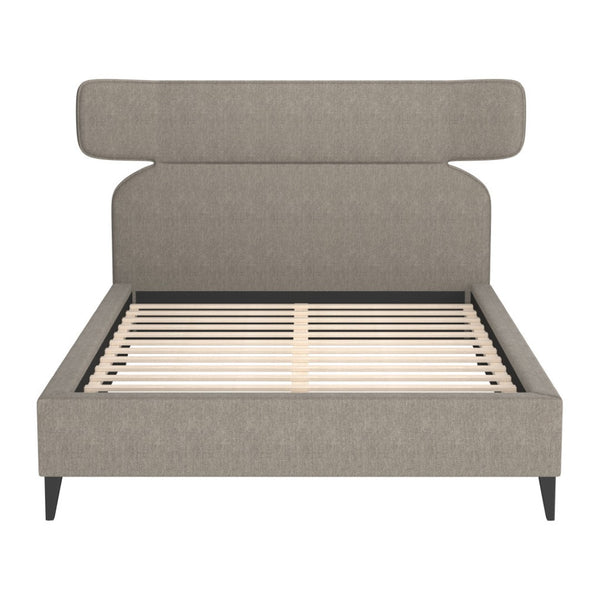 HomeRoots Brown Queen Bed Frame with Solid Wood & Upholstery, Modern Design, Geometric Headboard & Tapered Legs 583184