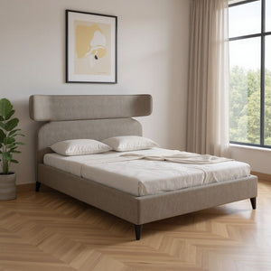 HomeRoots Brown Queen Bed Frame with Solid Wood & Upholstery, Modern Design, Geometric Headboard & Tapered Legs 583184