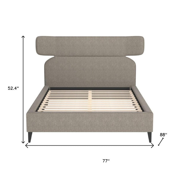 HomeRoots Brown Queen Bed Frame with Solid Wood & Upholstery, Modern Design, Geometric Headboard & Tapered Legs 583184