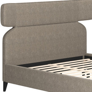 HomeRoots Brown Queen Bed Frame with Solid Wood & Upholstery, Modern Design, Geometric Headboard & Tapered Legs 583184