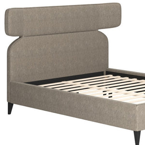 HomeRoots Brown Queen Bed Frame with Solid Wood & Upholstery, Modern Design, Geometric Headboard & Tapered Legs 583184