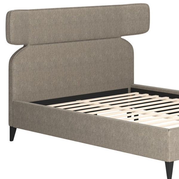 HomeRoots Brown Queen Bed Frame with Solid Wood & Upholstery, Modern Design, Geometric Headboard & Tapered Legs 583184