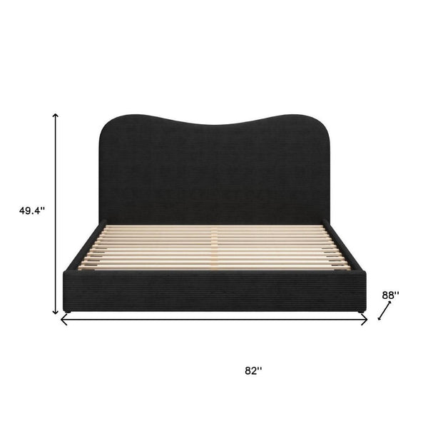 HomeRoots Black Ribbed Velvet King Bed Frame - Modern Design with Curved Headboard & Durable Construction 583185