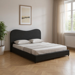 HomeRoots Black Ribbed Velvet King Bed Frame - Modern Design with Curved Headboard & Durable Construction 583185