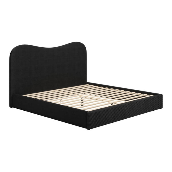 HomeRoots Black Ribbed Velvet King Bed Frame - Modern Design with Curved Headboard & Durable Construction 583185