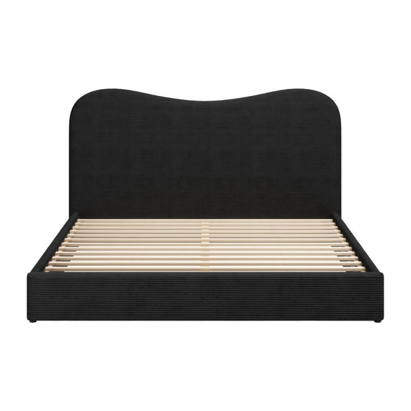 HomeRoots Black Ribbed Velvet King Bed Frame - Modern Design with Curved Headboard & Durable Construction 583185