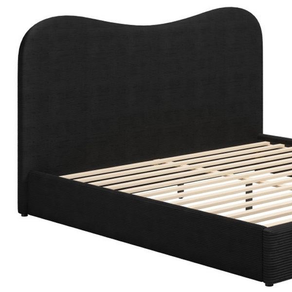 HomeRoots Black Ribbed Velvet King Bed Frame - Modern Design with Curved Headboard & Durable Construction 583185