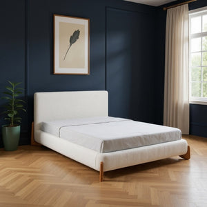 HomeRoots Ivory Solid Wood Boucle Queen Bed Frame - Elegant, Durable Design for Comfort & Style in Any Space 583186