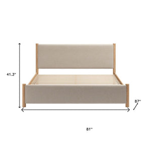 HomeRoots Natural King Bed Frame with Beige Upholstered Headboard - Mid-Century Modern Design & Durability 583187