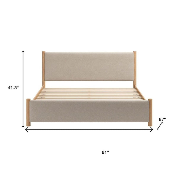 HomeRoots Natural King Bed Frame with Beige Upholstered Headboard - Mid-Century Modern Design & Durability 583187