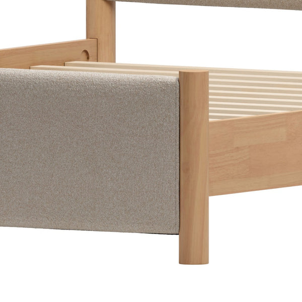 HomeRoots Natural King Bed Frame with Beige Upholstered Headboard - Mid-Century Modern Design & Durability 583187