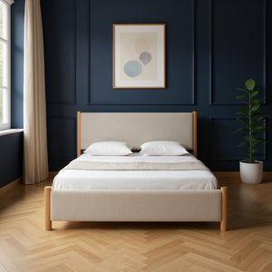 HomeRoots Natural King Bed Frame with Beige Upholstered Headboard - Mid-Century Modern Design & Durability 583187