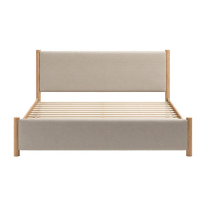 HomeRoots Natural King Bed Frame with Beige Upholstered Headboard - Mid-Century Modern Design & Durability 583187